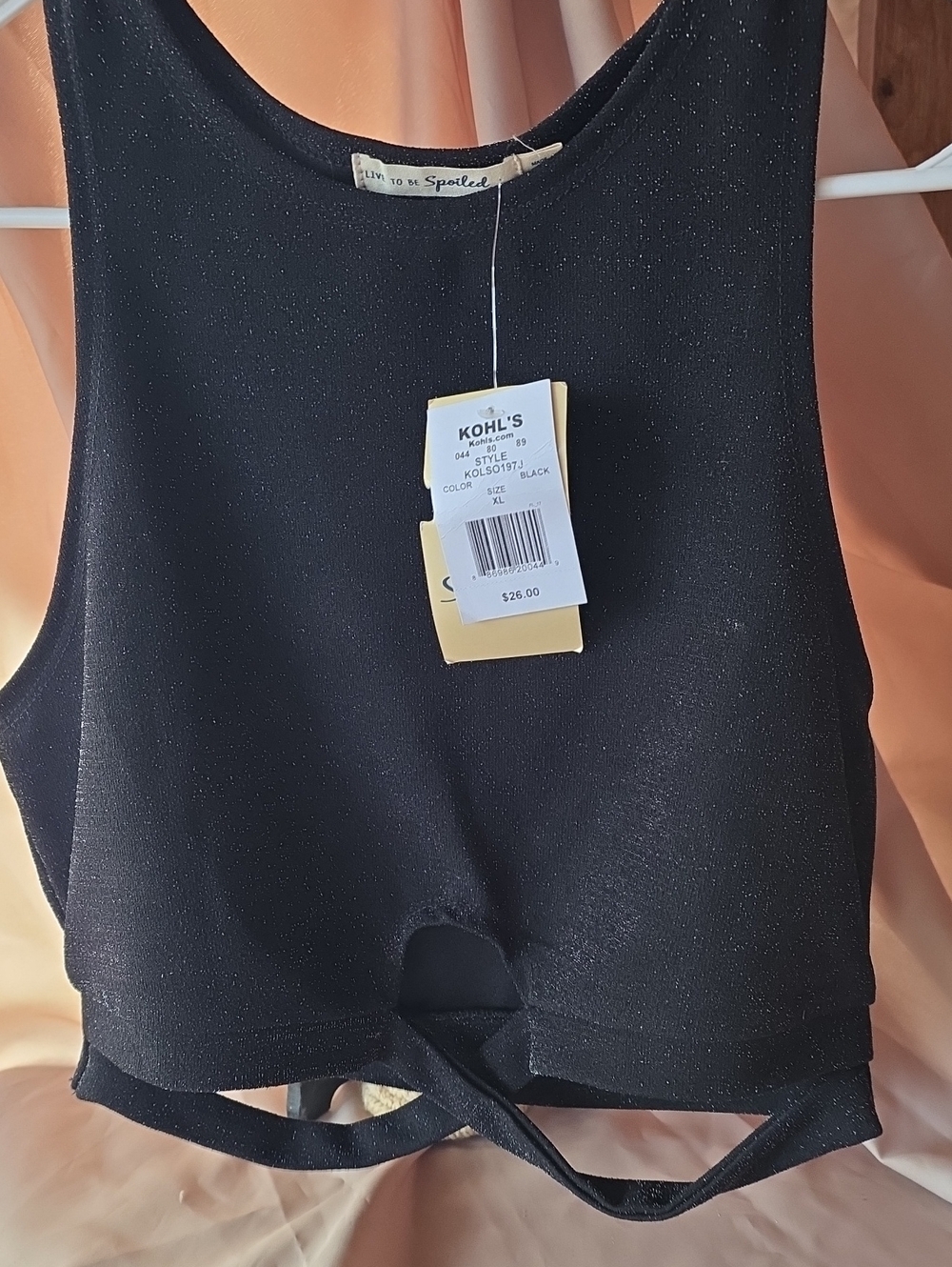 Live To Be Spoiled Black Shimmer Crop Tank Sz XL Kohls NWT